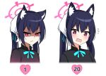  1girl angry animal_ear_fluff animal_ears black_hair blue_archive cat_ears closed_mouth commentary_request cropped_torso embarrassed extra_ears halo heart long_hair looking_at_viewer multiple_views nanju_bami official_alternate_costume open_mouth pink_halo red_eyes serika_(blue_archive) sidelocks simple_background twintails waitress white_background 