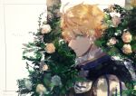 1boy armor arthur_pendragon_(fate) blonde_hair character_name ebi_(6_5) fate/grand_order fate_(series) flower fur_trim green_eyes looking_at_viewer male_focus plant short_hair smile solo upper_body white_background white_flower 