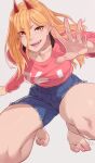  1girl artist_name barefoot blue_shorts breasts chainsaw_man collarbone commentary demon_horns english_commentary eyelashes feet feguimel grey_background hair_between_eyes highres horns long_hair looking_at_viewer open_mouth orange_hair pink_shirt power_(chainsaw_man) red_horns sharp_teeth shirt short_shorts shorts signature simple_background small_breasts solo squatting symbol-shaped_pupils teeth thighs tiptoes toenails toes v-shaped_eyebrows 