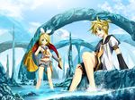  1girl blonde_hair blue_eyes brother_and_sister detached_sleeves hair_ornament hairclip headphones kagamine_len kagamine_rin kouji_(astral_reverie) midriff ribbon shorts siblings sitting soaking_feet twins vocaloid water 