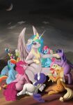 absurd_res apple_bloom_(mlp) applejack_(mlp) butt carrying_another cloud crescent_moon crown derpx1 derpy_hooves_(mlp) detailed_background earth_pony equid equine female feral fluttershy_(mlp) friendship_is_magic gesture granny_smith_(mlp) group hasbro headgear hi_res hill horn horse inspired_by_formal_art jewelry looking_at_another lying male mammal moon mrs._cake_(mlp) my_little_pony mythological_creature mythological_equine mythology night on_back on_side outside overcast parasprite_(mlp) pegasus pinkie_pie_(mlp) pony princess_celestia_(mlp) rainbow_dash_(mlp) rarity_(mlp) scootaloo_(mlp) sitting size_difference sky slightly_chubby spike_(mlp) sweetie_belle_(mlp) tiara tongue tongue_out twilight_sparkle_(mlp) unicorn winged_unicorn wings worship