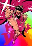  1boy arm_up bara beard belly blanket boots bulge_peek cape eye_mask facial_hair floating_cape from_above full_beard full_body hairy highres index_finger_raised isahappyfield large_pectorals lgbt_pride looking_at_viewer male_focus mature_male muscular muscular_male nipple_slip nipples original pectorals pink_cape plump rainbow_background revealing_clothes short_hair sidepec solo sparkle_background standing strongman_waist superhero_costume thick_arm_hair thick_back_hair thick_beard thick_chest_hair thick_eyebrows thick_leg_hair thick_navel_hair thigh_boots undercut v-shaped_eyebrows very_hairy yellow_eyes 