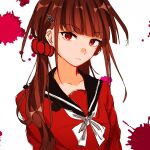  1girl blood blood_splatter blunt_bangs brown_hair collarbone danganronpa_(series) danganronpa_v3:_killing_harmony earrings hair_ornament hair_scrunchie hairclip harukawa_maki highres jewelry karoru_(xiaoxian55) long_hair long_sleeves looking_at_viewer low_twintails mole mole_under_eye red_eyes red_scrunchie red_shirt sailor_collar school_uniform scrunchie shirt solo twintails upper_body 