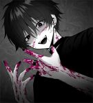  1boy blood blood_on_face blood_on_hands blush choker ear_piercing fang hair_between_eyes heart heart-shaped_pupils jewelry looking_at_viewer male_focus nail_polish nose_blush open_mouth original piercing pink_blood ring saliva shirt simple_background solo soui_manshin spot_color sweat symbol-shaped_pupils tongue_piercing twitter_username upper_body 