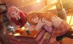  2girls absurdres bed bedroom birdcage blue_eyes blush cage cup food fruit grey_hair hair_ornament hairclip handheld_game_console highres holding holding_handheld_game_console indoors jacket konoe_kanata kotatsu leaning_forward long_hair long_skirt long_sleeves looking_at_another love_live! love_live!_nijigasaki_high_school_idol_club love_live!_school_idol_festival love_live!_school_idol_festival_2 mandarin_orange mole mole_under_eye multiple_girls official_art open_mouth orange_hair orange_peel pillow plaid plaid_skirt shelf skirt sleeping smile socks steam sunlight sweater table twintails wallpaper_(object) zhong_lanzhu 