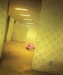  :o artist_name backrooms_(creepypasta) blue_eyes blush blush_stickers ceiling ceiling_light closed_mouth electrical_outlet fluorescent_lamp highres indoors kirby kirby_(series) no_humans running solo suyasuyabi tile_ceiling tiles twitter_username 