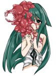  1girl blush body_horror clothes_pull dress dress_pull expressionless flat_chest green_eyes green_hair guro hair_flaps highres long_hair looking_at_viewer nipples off_shoulder parted_lips saya_(saya_no_uta) saya_no_uta shinsekai_(z_o10) simple_background solo upper_body white_background white_dress 