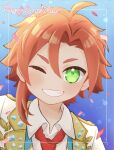  1boy ahoge blush collared_shirt commentary_request green_eyes grin happy_birthday highres idol_time_pripara jacket looking_at_viewer male_focus mitaka_asahi necktie one_eye_closed open_mouth poro_(pweedro) pretty_series pripara red_hair red_necktie shirt short_hair smile solo upper_body white_jacket white_shirt 