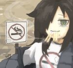  brown_background cigarette green_eyes grey_jacket jacket kuroki_tomoko li_shay one_eye_covered print_shirt restriction_sign russian_text shirt watashi_ga_motenai_no_wa_dou_kangaetemo_omaera_ga_warui! white_shirt 