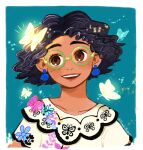  1girl absurdres brown_hair bug butterfly curly_hair dark-skinned_female dark-skinned_male dark_skin dragonf1y earrings encanto glasses green-framed_eyewear highres jewelry mirabel_madrigal shirt simple_background smile thick_eyebrows 