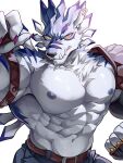  1boy abs ao_(chung0u0) armpits bara belt blue_fur denim digimon digimon_(creature) digimon_adventure earrings fangs feet_out_of_frame furry furry_male gloves highres huge_pectorals jeans jewelry leather leather_belt male_focus manly mature_male multicolored_fur muscular muscular_male nipples pants pectorals scar simple_background solo spiked_gloves teeth tusks upper_body weregarurumon white_background white_fur yellow_eyes 