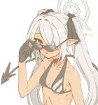  1girl adjusting_eyewear bikini black_bikini black_choker black_ribbon blue_archive blush breasts choker dark-skinned_female dark_skin demon_tail gloves hair_over_one_eye hair_ribbon halo hand_on_eyewear highres iori_(blue_archive) iori_(swimsuit)_(blue_archive) long_hair looking_at_viewer nametake parted_lips pointy_ears red_eyes ribbon simple_background small_breasts solo sunglasses swimsuit tail twintails upper_body very_long_hair wet white_background 
