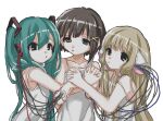  3girls android aqua_hair bare_shoulders black_eyes blonde_hair brown_hair cable chii chobits crossover dress expressionless flat_chest hair_ornament hatsune_miku holding_hands interlocked_fingers iwakura_lain long_hair looking_at_another multiple_girls parted_lips robot_ears serial_experiments_lain shinsekai_(z_o10) simple_background sketch strap_slip twintails upper_body very_long_hair vocaloid white_background white_dress x_hair_ornament 