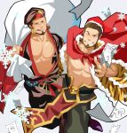  2boys abs animal_print bara bare_pectorals blue_eyes chinstrap_beard cross_scar earrings fur_trim grey_background grin hat holding holding_paper holding_sack itto_(mentaiko) jewelry large_pectorals leopard_print licking_lips looking_at_viewer male_focus multiple_boys muscular muscular_male one_eye_closed ookuninushi_(p&amp;d) paper pectorals purple_eyes puzzle_&amp;_dragons sack sangokushi_puzzle_taisen santa_hat scar scar_on_cheek scar_on_chest scar_on_face scar_on_nose smile snowflakes sun_quan_(sangokushi_taisen) thick_eyebrows tongue tongue_out 