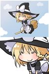  &gt;:) 2koma apron blonde_hair blush bow braid broom chibi comic evil_smile flying grin hat kintaro kirisame_marisa o_o side_braid single_braid smile smirk smug solo touhou v-shaped_eyebrows witch_hat 