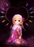 1girl ascot blonde_hair breasts collared_shirt doroshii fang flandre_scarlet frilled_shirt_collar frilled_skirt frilled_sleeves frills hair_between_eyes happy hat head_tilt heart heart_wings holding holding_stuffed_toy looking_at_viewer medium_hair mob_cap multicolored_wings one_side_up open_mouth puffy_short_sleeves puffy_sleeves purple_background red_eyes red_skirt red_vest shirt short_sleeves skirt skirt_set small_breasts smile solo stuffed_animal stuffed_toy teddy_bear touhou vest white_hat white_shirt wings wrist_cuffs yellow_ascot 