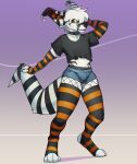 absurd_res anthro bottomwear clothed clothing collar crop_top crux dar-kuu fishnet_clothing fishnet_legwear girly hair hi_res hotpants legwear looking_at_viewer male shirt shorts simple_background smile solo stockings tail thigh_highs thong topwear underwear