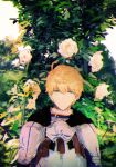  1boy armor arthur_pendragon_(fate) blonde_hair breastplate ebi_(6_5) fate/grand_order fate_(series) flower fur_trim green_eyes highres looking_at_viewer male_focus outdoors parted_lips plant short_hair solo upper_body white_flower 