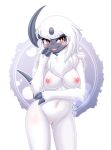 absol anthro blush body_blush breasts claws female fluffy_hinu fur generation_3_pokemon genitals hi_res horn looking_at_viewer nintendo nude open_mouth pokemon pokemon_(species) pussy red_eyes solo standing tail white_body white_fur