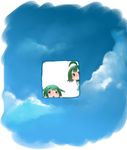  :o ahoge child cloud copyright_request green_hair multiple_girls oohara_kyuutarou peeking peeking_out red_eyes short_twintails sky staring twintails window 
