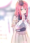  1girl ajapar blurry blurry_background blush bow bowtie brown_jacket brown_skirt commentary hat highres jacket long_sleeves looking_at_viewer love_live! love_live!_nijigasaki_high_school_idol_club medium_hair own_hands_together pink_hair plaid_capelet red_bow red_bowtie skirt solo standing tilted_headwear uehara_ayumu upper_body walking_dream yellow_eyes 