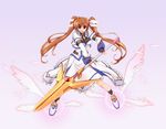  brown_hair fingerless_gloves gloves long_hair lyrical_nanoha magical_girl mahou_shoujo_lyrical_nanoha_strikers purple_eyes raising_heart ribbon solo staff t-mai takamachi_nanoha twintails 