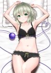  1girl :3 absurdres armpits arms_up bare_arms black_bra black_panties blush bra breasts bright_pupils closed_mouth collarbone commentary_request commission cowboy_shot crossed_bangs eyelashes frilled_bra frilled_panties frills green_eyes green_hair groin hair_between_eyes head_on_pillow heart heart_of_string highres komeiji_koishi lingerie looking_at_viewer lying medium_hair navel no_headwear nyanyanoruru on_back on_bed panties pillow ribbon skeb_commission small_breasts smile solo third_eye touhou tsurime underwear underwear_only yellow_ribbon 