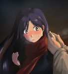  bangs blush breath dark holding_hand holding_hands idolmaster idolmaster_(classic) idolmaster_1 kisaragi_chihaya long_hair long_sleeves non-web_source out_of_frame pov pov_hands purple_hair red_scarf scarf solo_focus surprised upper_body warming_hands yellow_eyes 