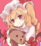 1girl blonde_hair closed_mouth collared_shirt crystal flandre_scarlet hair_between_eyes hat head_tilt holding holding_stuffed_toy light_smile long_hair looking_at_viewer mob_cap multicolored_wings one_side_up pink_background puffy_short_sleeves puffy_sleeves red_eyes red_ribbon ribbon shirt short_sleeves simple_background sleeve_bow sleeve_ribbon solo stuffed_animal stuffed_toy teddy_bear touhou upper_body white_hat white_shirt wings yuma_(user_zuft7485) 