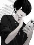  1boy apple_inc. bags_under_eyes black_hair black_nails black_shirt cellphone finger_to_mouth hair_over_one_eye highres holding holding_phone jewelry lip_piercing male_focus mole mole_on_neck mole_under_mouth necklace original pale_skin phone piercing shirt simple_background smartphone solo soui_manshin translation_request upper_body 