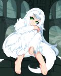  1girl barefoot dark_souls_(series) dark_souls_i dragon_girl dress green_eyes highres long_hair looking_at_viewer minimilieu monster_girl night pixel_art priscilla_the_crossbreed ruins sitting slit_pupils solo tail white_hair 