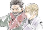  2boys absurdres beard black_coat black_necktie blonde_hair blue_eyes brown_hair closed_mouth coat collared_shirt facial_hair final_fantasy final_fantasy_vii final_fantasy_vii_rebirth final_fantasy_vii_remake grey_shirt hair_slicked_back heidegger_(final_fantasy) highres looking_at_another male_focus multiple_boys necktie nomoss06 open_mouth parted_bangs red_coat red_necktie rufus_shinra scar scar_across_eye shirt short_hair talking two-sided_coat two-sided_fabric white_background white_coat 