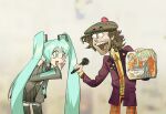  1boy 1girl aqua_eyes aqua_hair aqua_necktie beard black_skirt black_thighhighs blush brown_hair collared_shirt detached_sleeves domino&#039;s_pizza english_commentary facial_hair glasses green_hat grey_shirt hair_ornament hatsune_miku highres holding holding_microphone jacket long_hair long_sleeves looking_at_another medium_hair messy_hair microphone nardwuar necktie open_mouth orange_necktie pants pizza_box plaid plaid_pants pleated_skirt purple_jacket real_life robert_gilliam shirt skirt teeth thighhighs toon_(style) twintails upper_teeth_only vocaloid yellow_shirt 
