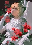  1girl absurdres blonde_hair brown_background chinese_commentary commentary_request dungeon_meshi expressionless falin_touden falin_touden_(chimera) feathered_wings feathers flower hand_up highres holding holding_flower leaf looking_at_viewer monster_girl parted_lips red_flower short_hair solo spoilers thetides upper_body white_wings wings yellow_eyes 
