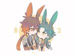  2boys :3 animal_ears artist_name bead_necklace beads blush brown_eyes brown_hair brown_jacket brown_shirt brown_vest bunny_day chibi closed_mouth collared_shirt commentary_request dated expressionless eye_contact facial_mark forehead_mark genshin_impact gradient_hair green_hair hair_between_eyes highres jacket jewelry lapels long_hair long_sleeves looking_at_another looking_down looking_up low_ponytail male_focus multicolored_hair multiple_boys necklace necktie open_clothes open_jacket parted_bangs ponytail rabbit_ears shirt short_hair shoulder_spikes sidelocks signature simple_background sleeveless sleeveless_shirt smile spikes streaked_hair tassel two-tone_background upper_body vest white_background white_necktie white_shirt wing_collar xiao_(genshin_impact) yellow_background yellow_eyes yumoto_(ncosmanthus) zhongli_(genshin_impact) 