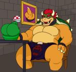 ambiguous_gender anthro belt big_butt big_pecs bowser bracelet brick bulge butt chair claws elemental_creature finger_claws flora_fauna furniture gesture hair half-closed_eyes hand_gesture hand_on_knee hand_on_leg hi_res horn jewelry koopa looking_at_viewer male mario_bros middle_finger musclegut muscular narrowed_eyes nintendo open_mouth pecs pipe piranha_plant plant red_eyes red_hair scalie shell sitting smile spikes table teeth tongue waniiime_(artist)