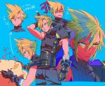  1boy armor bandaged_arm bandages belt bird blonde_hair blue_background blue_pants blue_shirt buster_sword chick chocobo cloud_strife cropped_legs expressions final_fantasy final_fantasy_vii final_fantasy_vii_rebirth final_fantasy_vii_remake gloves green_eyes hair_between_eyes hands_on_another&#039;s_cheeks hands_on_another&#039;s_face male_focus mizu_cx multiple_belts multiple_views pants parted_lips shirt short_hair shoulder_armor single_bare_shoulder single_shoulder_pad sleeveless sleeveless_turtleneck spiked_hair suspenders turtleneck upper_body weapon weapon_on_back 