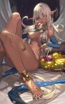  1girl absurdly_long_hair anklet arabian_clothes armpits banana bare_legs bare_shoulders barefoot barefoot_sandals_(jewelry) bed body_markings bowl breasts breasts_apart bridal_gauntlets cherry commentary curtains dark-skinned_female dark_elf dark_skin elf feet food fruit fruit_bowl gold_anklet gold_trim grapes highres indoors jewelry lack long_hair looking_at_viewer lying medium_breasts midriff nail_polish navel night night_sky on_back on_bed original panties pear pillow pointy_ears revealing_clothes shiny_skin sideboob sky solo spread_toes star_(sky) star_(symbol) star_print starry_sky symbol-only_commentary thick_thighs thighlet thighs toenail_polish toenails toes underboob underwear very_long_hair white_hair white_panties yellow_eyes yellow_nails 