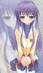  1girl clannad fujibayashi_kyou fujieda_hiro long_hair pixiv_thumbnail purple_eyes purple_hair resized school_uniform solo tears thigh-highs thighhighs violet_eyes zoom_layer 