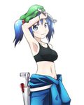  alternate_costume armpits bare_shoulders blue_eyes blue_hair breasts clothes_around_waist hair_bobbles hair_ornament hat kawashiro_nitori kusaba_(kusabashiki) medium_breasts midriff navel shirt solo sports_bra tank_top taut_clothes taut_shirt touhou twintails two_side_up wrench 