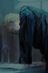  1boy blonde_hair blue_shirt expressionless faucet highres jujutsu_kaisen long_sleeves male_focus nanami_kento shirt short_hair solo standing upper_body water wet wet_hair zztzza 