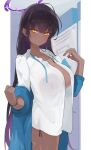  1girl absurdres black_hair blue_archive blue_sweater blush breasts chankuro dark-skinned_female dark_skin halo highres karin_(blue_archive) large_breasts long_hair long_sleeves looking_at_viewer shirt solo sweater thighs very_long_hair white_shirt yellow_eyes 