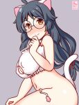  1girl alternate_costume animal_ears artist_logo black_hair blush bra breasts cat_cutout cat_ears cat_lingerie cleavage_cutout clothing_cutout cow_tail dated frilled_bra frills glasses grey_background hair_ribbon heian_maru_(kancolle) implied_tail_plug kanon_(kurogane_knights) kantai_collection large_breasts long_hair looking_at_viewer meme_attire no_panties one-hour_drawing_challenge ribbon round_eyewear smile solo tail twintails underwear very_long_hair 