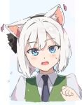  1girl absurdres animal_ear_fluff animal_ears asuka_shirou black_hairband black_necktie blue_background blue_eyes blush cat_ears commentary_request hairband highres konpaku_youmu looking_at_viewer necktie open_mouth short_hair simple_background solo sweat touhou upper_body white_hair 