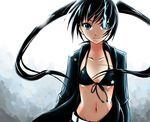  belt bikini_top black_hair black_rock_shooter black_rock_shooter_(character) blue_eyes breasts long_hair medium_breasts midriff pochi_(pochi-goya) solo twintails underboob 