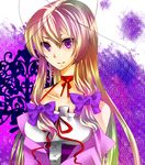  alternate_costume bad_id bad_pixiv_id bare_shoulders blonde_hair bow choker dress gradient_hair green_hair hair_bow hair_ribbon light_smile long_hair multicolored_hair no_hat no_headwear purple_eyes ribbon ribbon_choker solo strapless strapless_dress touhou yakumo_yukari yutazou 