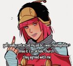  1girl annoyed artist_name bob_cut commentary english_text hat highres hot_pants_(sbr) huyandere jojo_no_kimyou_na_bouken middle_finger pink_eyes pink_hair pink_nails signature sleeves_past_wrists solo steel_ball_run 