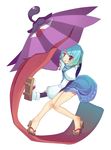  :p arashiya geta green_eyes green_hair heterochromia karakasa_obake purple_umbrella red_eyes solo tatara_kogasa tongue tongue_out touhou umbrella 