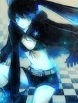  bangs belt bikini_top black_hair black_rock_shooter black_rock_shooter_(character) blue_eyes boots burning_eye checkered coat flat_chest front-tie_top gloves glowing glowing_eyes hood hooded_jacket jacket katana knee_boots long_hair midriff navel pale_skin scar short_shorts shorts solo star stitches sword twintails uneven_twintails uno_(colorbox) very_long_hair weapon zipper 