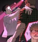  2boys bara blood blush brown_eyes brown_hair cowboy_shot fe_wnd glasses green_shirt hand_on_another&#039;s_shoulder highres korean_commentary korean_text light male_focus microphone multiple_boys multiple_views music nosebleed open_mouth original pink_light shirt short_hair singing spotlight sweatdrop teeth white_shirt 